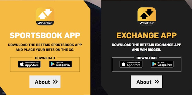Interfaz de la Betfair App mostrando opciones de juego y login