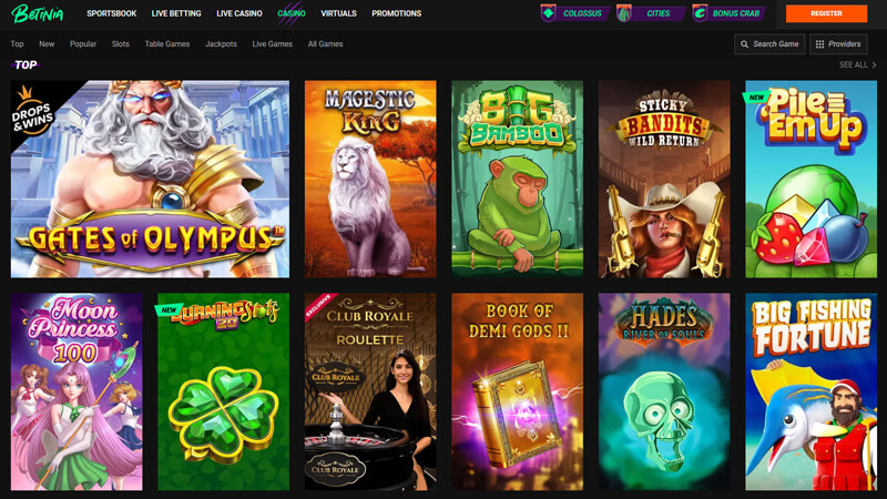 Betinia Casino interface