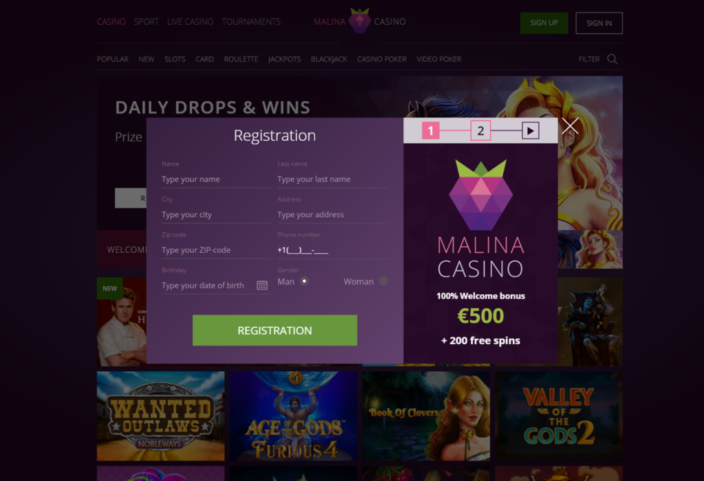Interfaz de escritorio de Malina Casino mostrando juegos de tragamonedas y menú de navegación