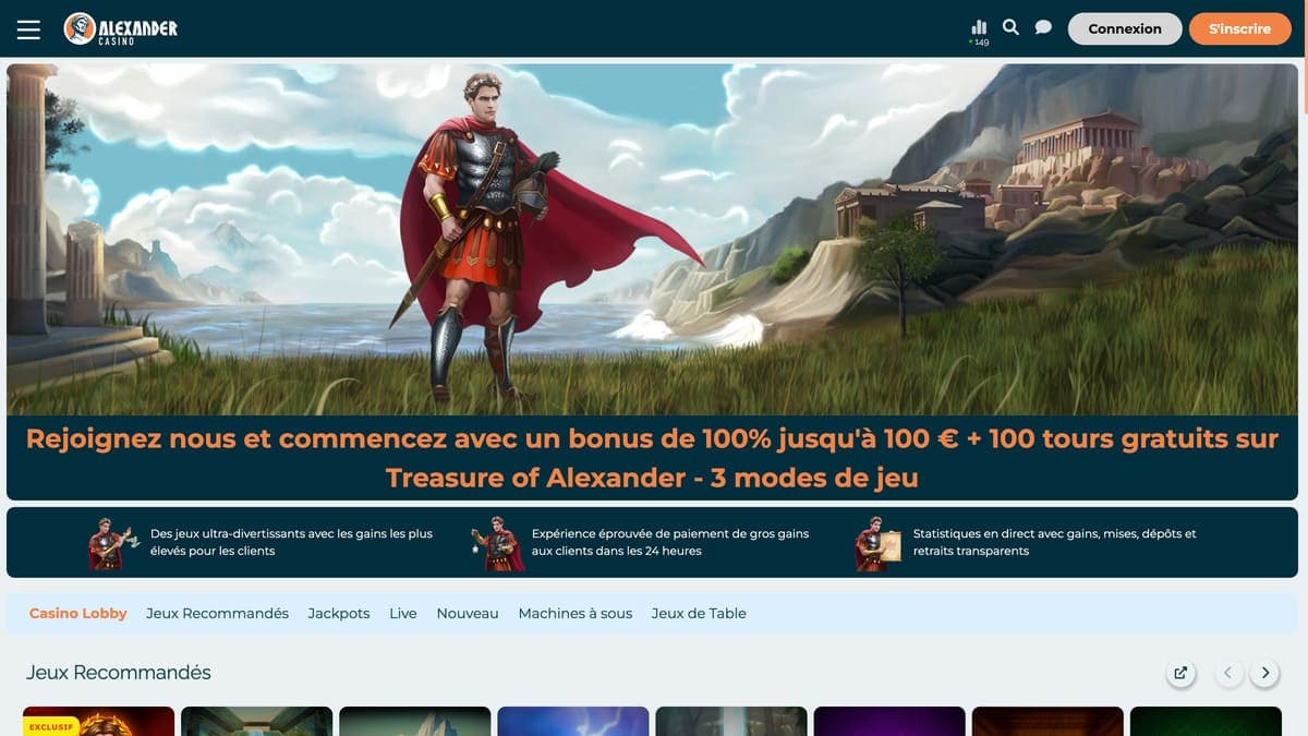 Capture d écran de l interface du casino Alexander montrant les jeux et promotions Capture d écran de l interface du casino Alexander montrant les jeux et promotions