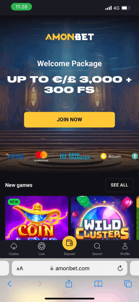 Screenshot of the Amonbet casino interface on a mobile device, showing game thumbnails and navigation.