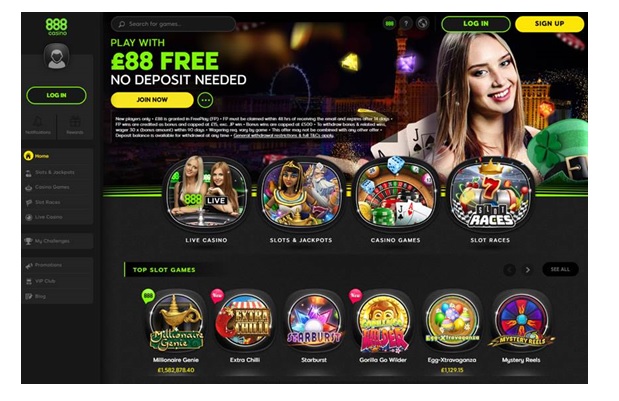 Interfaz del lobby de 888casino mostrando ruletas en vivo y slots populares
