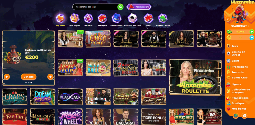 Technical interface view of Wazamba Casino live dealer and game lobby on multiple devices