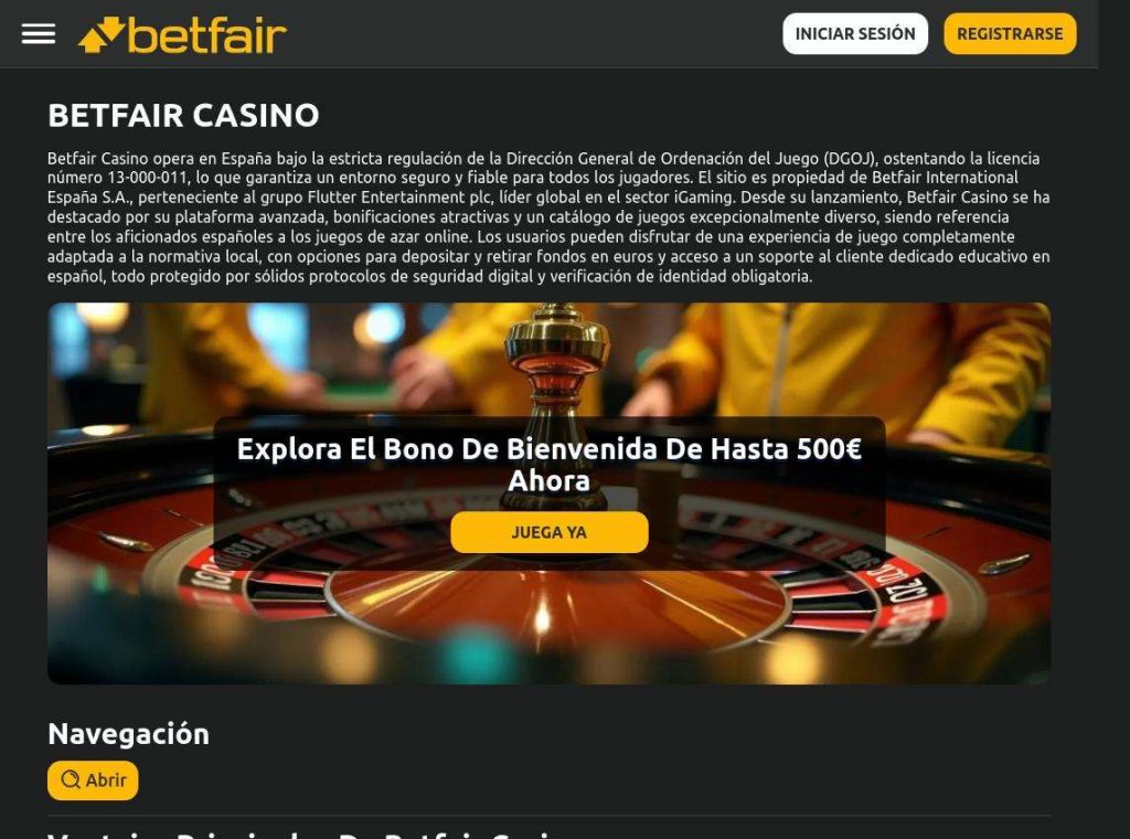 Interfaz de Betfair Casino