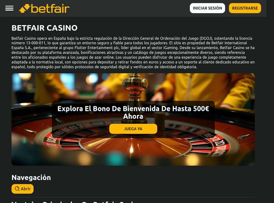 Interfaz de Betfair Casino