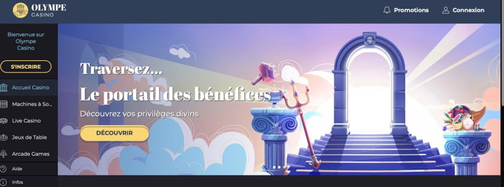 Interface du Casino Olympe montrant les jeux et promotions