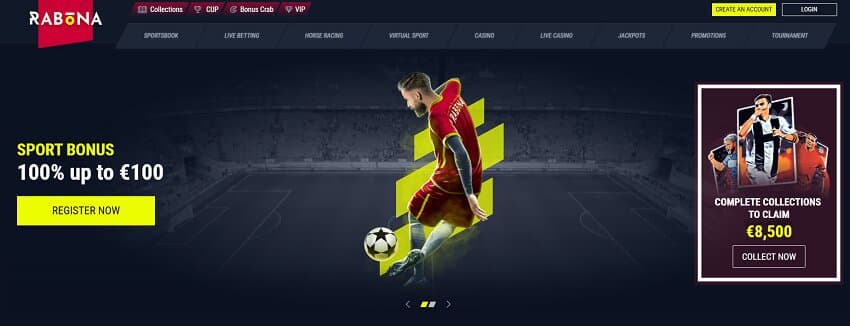 Schermata della homepage di Rabona Casino che mostra l'offerta di giochi e promozioni