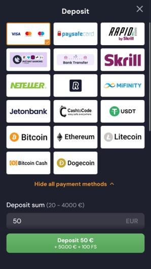 Bruno Casino Mobile Interface showcasing banking options