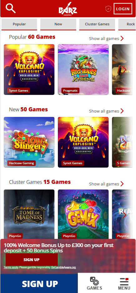 Barz Casino Mobile App Screenshot