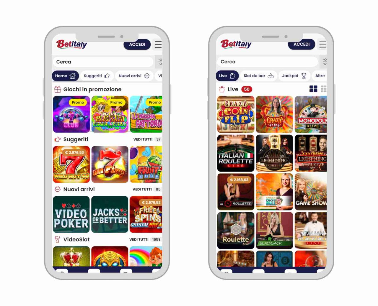 Schermata dell'app mobile di Betitaly Casino che mostra la selezione di slot e giochi live