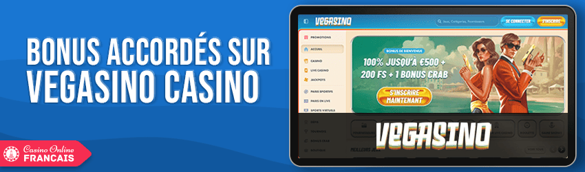 Interface du bonus Vegasino montrant les conditions de mise
