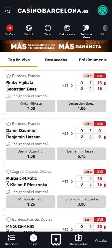 Captura de pantalla de la interfaz de apuestas deportivas del Casino Barcelona en un dispositivo móvil