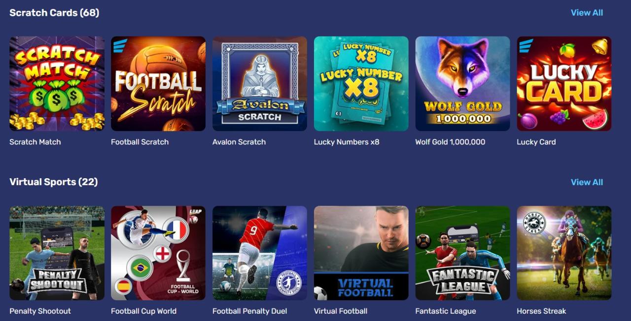 Galactic Wins Casino virtual sports and game interface