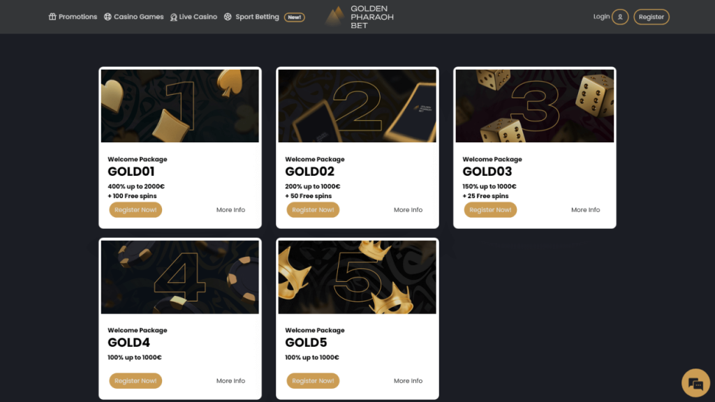 Golden Pharaoh Casino promotional interface showing bonus offers on desktop