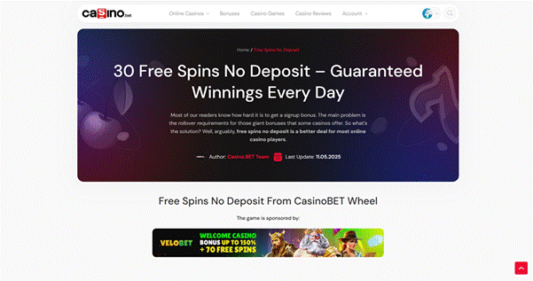 Spinbet casino interface showcasing no deposit bonus and free spins offers
