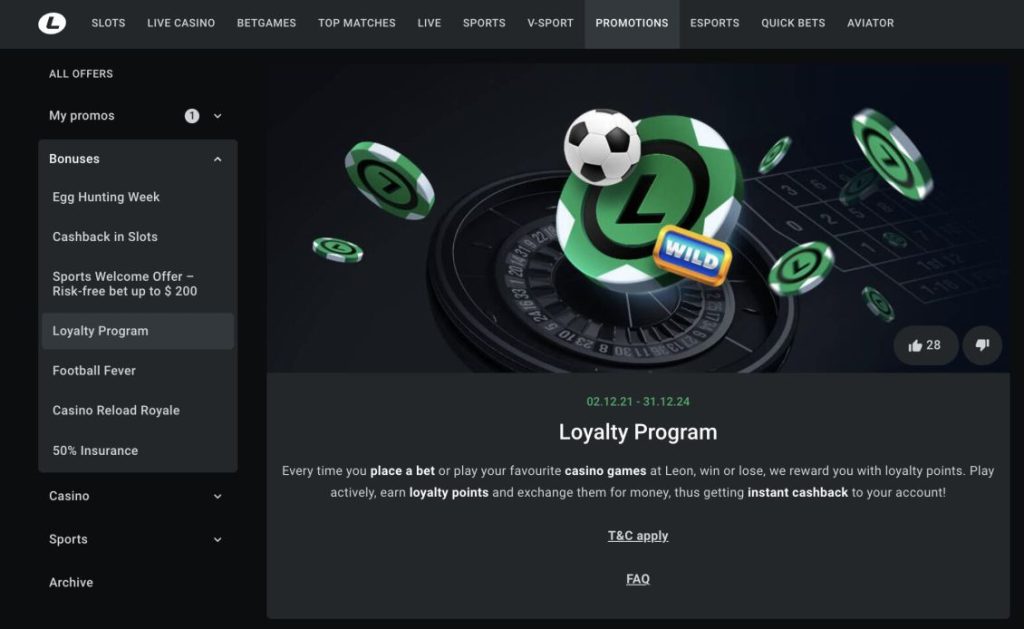 Interface VIP do Leon Casino