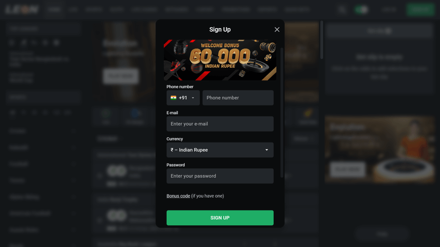 Screenshot of the Leon casino registration form interface