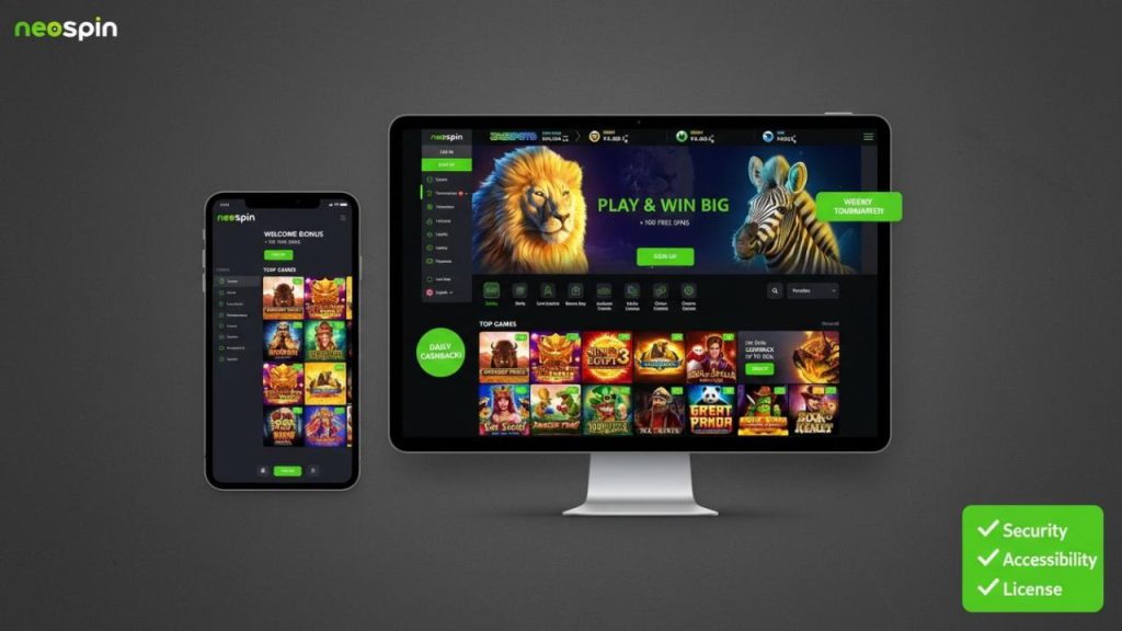 Neospin Casino interface showing game lobby and login panel