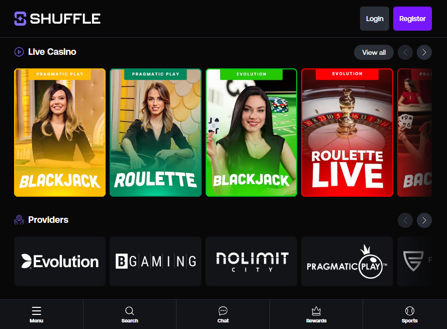 Interface de Shuffle Casino sur mobile