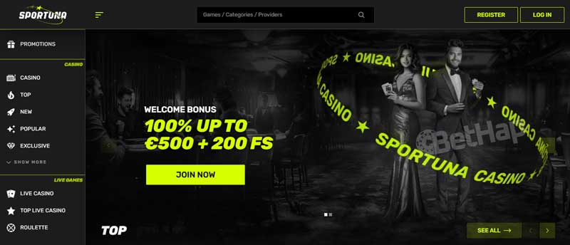 Schermata del casinò Sportuna che mostra giochi e bonus