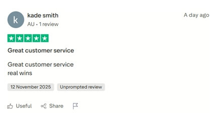 Screenshot of a Trustpilot review page showing user ratings and feedback