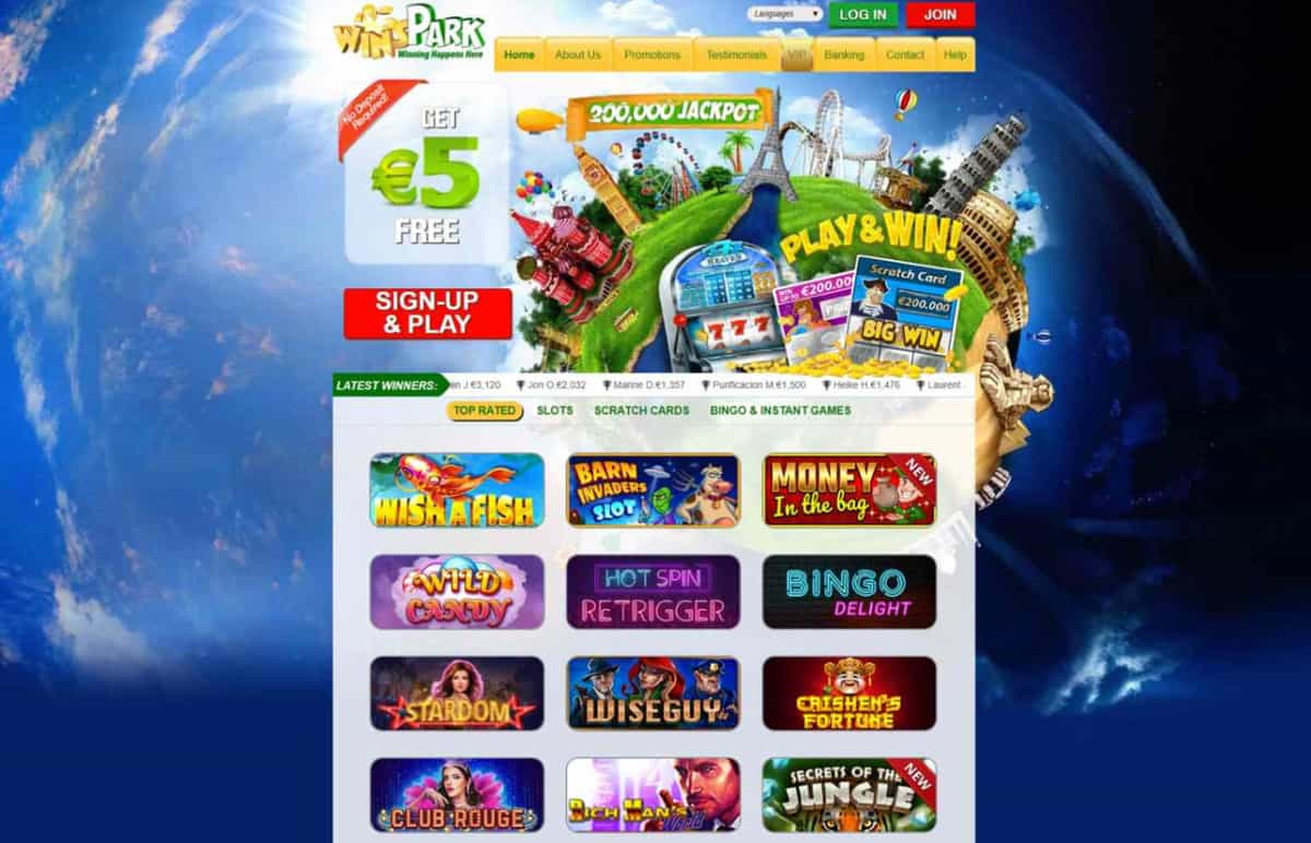 Interfaccia della homepage di Winspark casino che mostra le promozioni e i giochi in evidenza